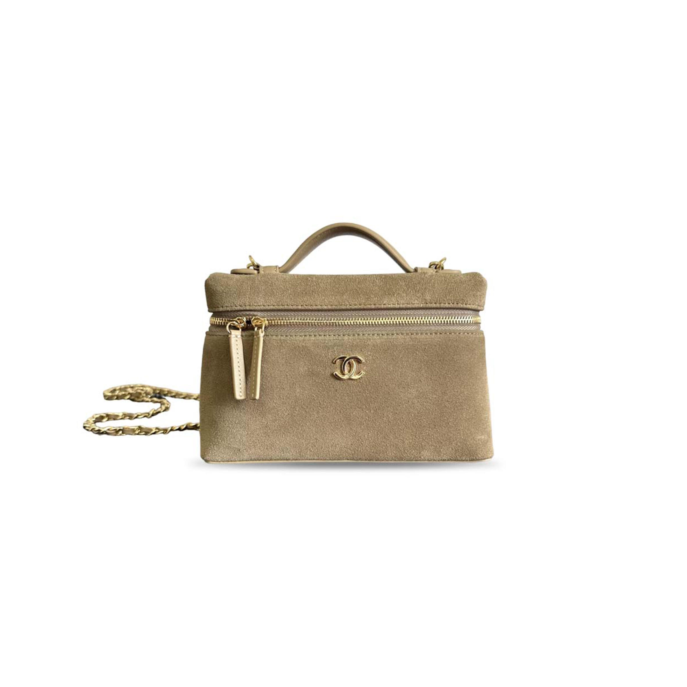 CHANEL MASTER TOP HANDLE LONG VANITY CASE WITH CHAIN DARK BEIGE SUEDE GOLD HARDWARE AP5347 (23*15*5cm)